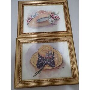 Peggy Abrams Victorian Hats Set of 2 Gold Tone Framed Art Prints